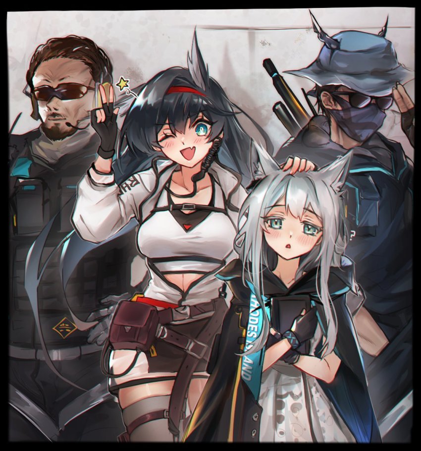 2boys 2girls ace_(arknights) animal_ears arknights beard blaze_(arknights) blue_eyes blush book hugging_book brown_hair cat_ears cat_girl cloak demon_boy demon_horns facial_hair fang fingerless_gloves gloves green_eyes hairband hand_on_another&#039;s_head hat holding holding_book hood hood_down hooded_cloak horns horns_through_headwear infection_monitor_(arknights) kaguura_(kagu) long_hair mask mouth_mask multiple_boys multiple_girls hugging_object one_eye_closed pencil_skirt red_hairband rosmontis_(arknights) scout_(arknights) skin_fang skirt sunglasses thighhighs