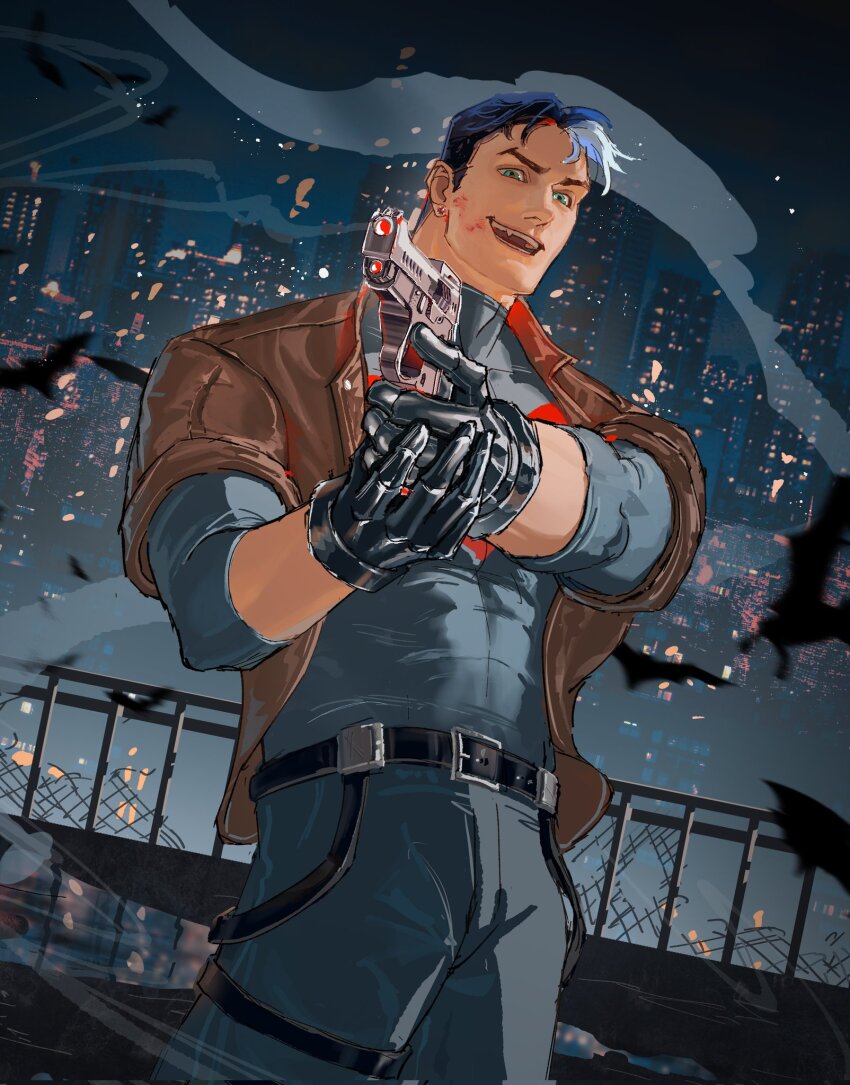 1boy bat_signal batman_(series) batman_symbol black_bodysuit black_gloves black_hair blue_eyes bodysuit brown_jacket dc_comics gloves grey_bodysuit highres holding jacket jason_todd male_focus multicolored_hair muscular muscular_male open_clothes pants red_hood_(dc) shirt short_hair solo superhero_costume two-tone_bodysuit two-tone_hair white_hair xuekui_xq