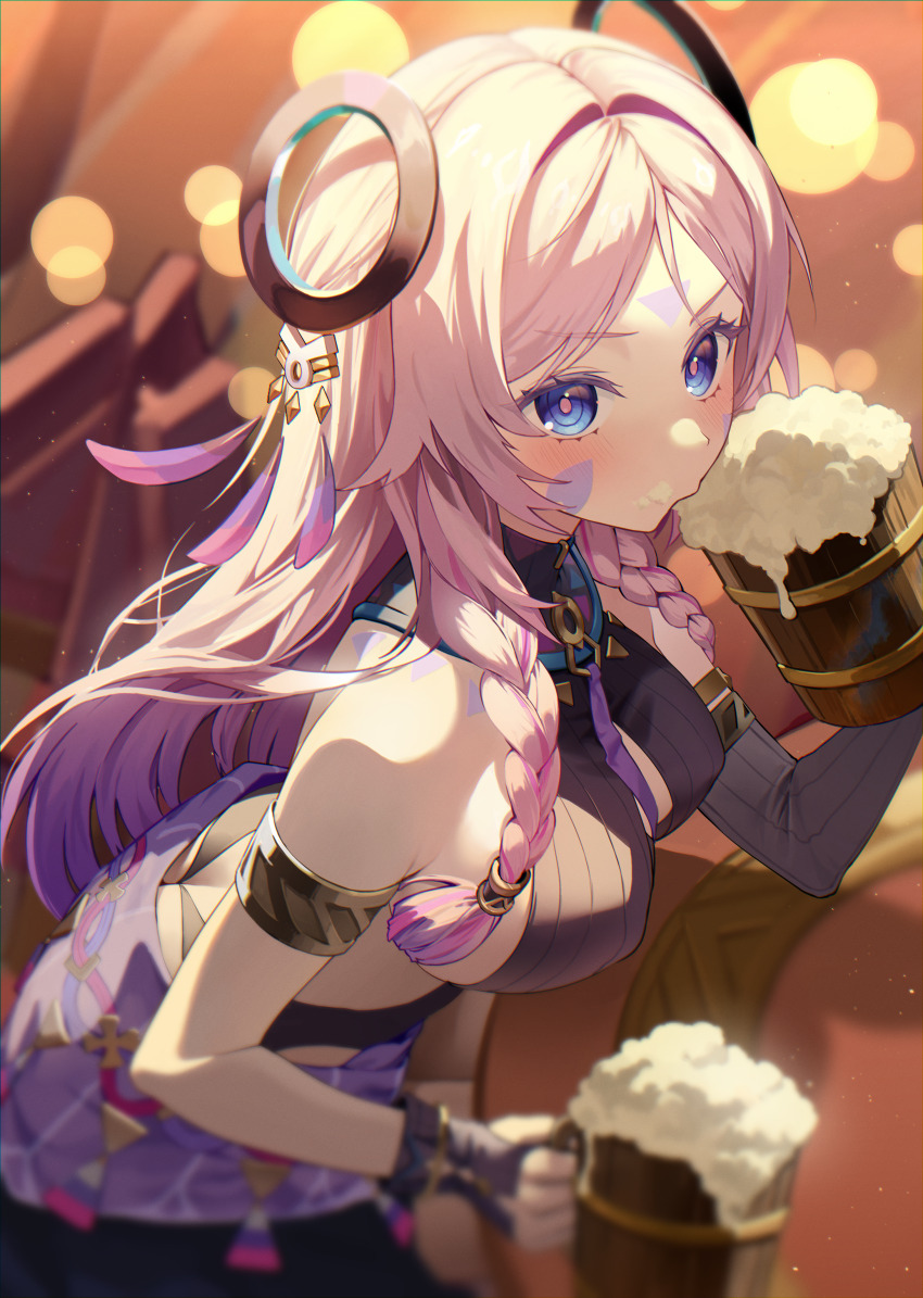 1girl absurdres alcohol arm_markings armlet ass ayoni_623 bare_shoulders beer beer_mug blue_eyes blunt_tresses blush braid breasts butt_crack citlali_(genshin_impact) cleavage_cutout clothing_cutout commentary cup drinking facial_mark feathers floating_headgear foam forehead_mark from_side genshin_impact glove_cutout gloves hair_intakes hair_ornament highres holding jewelry large_breasts long_hair looking_at_viewer mug multicolored_hair pink_hair pink_pupils purple_feathers purple_hair ring_hair_ornament sideboob leotard sleeveless_turtleneck_leotard solo tankard triangle triangle_facial_mark twin_braids