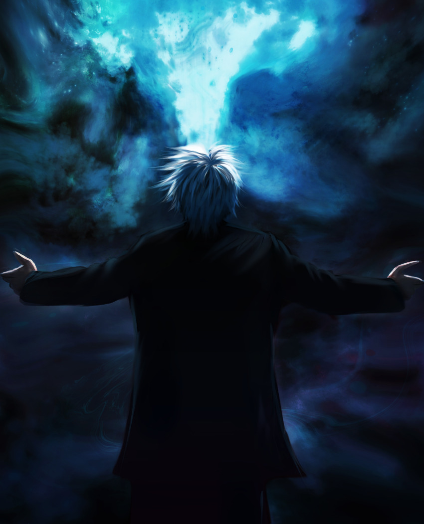 absurdres back business_suit cloud crain1art dark_background dark_clouds date_a_live facing_away formal_clothes highres looking_up non-web_source outstretched_arms sir_isaac_ray_peram_westcott solo suit white_hair