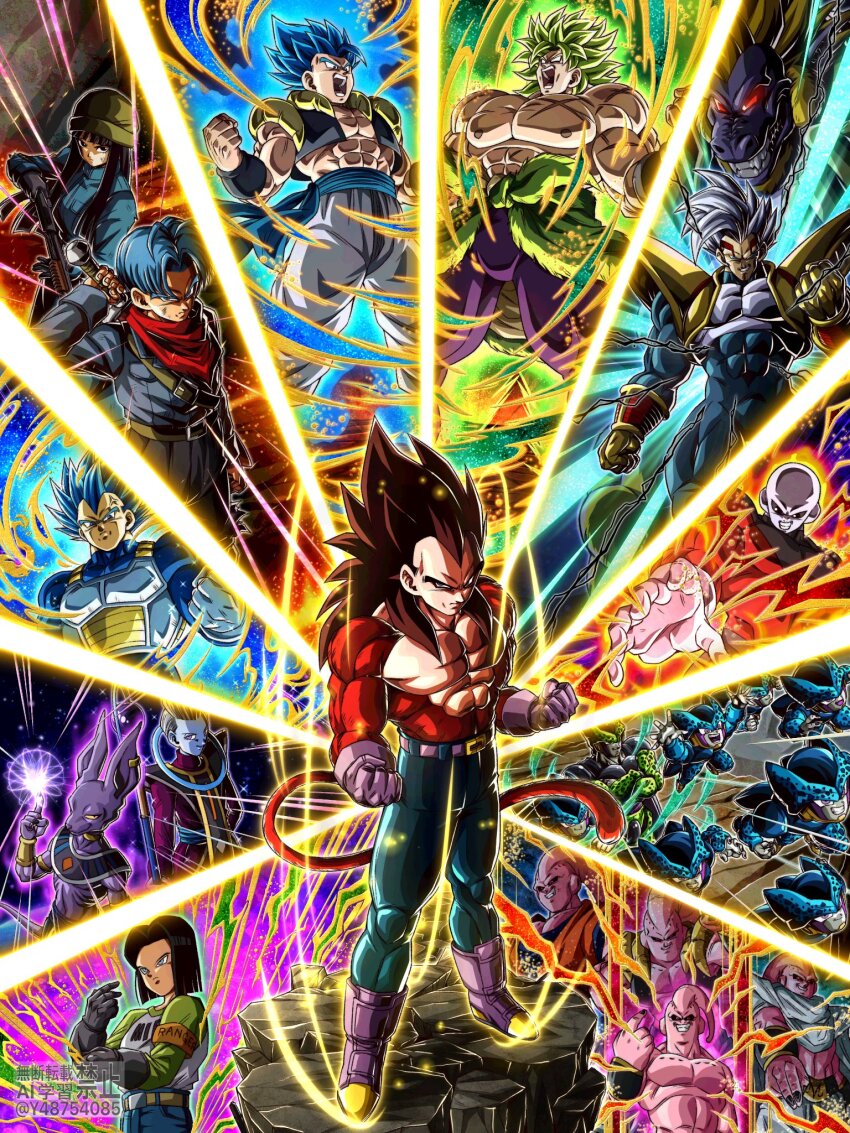 6+boys android_17 aura baby_(dragon_ball) baby_vegeta black_hair blue_eyes broly_(dragon_ball_super) clenched_hands colored_skin dougi dragon_ball dragon_ball_gt dragon_ball_super dragon_ball_super_broly dragon_ball_z_dokkan_battle gloves gogeta golden_oozaru highres jewelry jiren long_hair looking_at_viewer majin_buu male_focus metamoran_vest monkey_boy monkey_tail multiple_boys muscular muscular_male open_mouth pants parasite pectorals possessed purple_aura saiyan short_hair smile spiked_hair super_saiyan super_saiyan_4 super_saiyan_blue super_saiyan_blue_evolved sword sword_on_back tail teeth topless_male trunks_(dragon_ball) trunks_(future)_(dragon_ball) vegeta veiny_face wai_(y48754085) weapon_on_back white_gloves