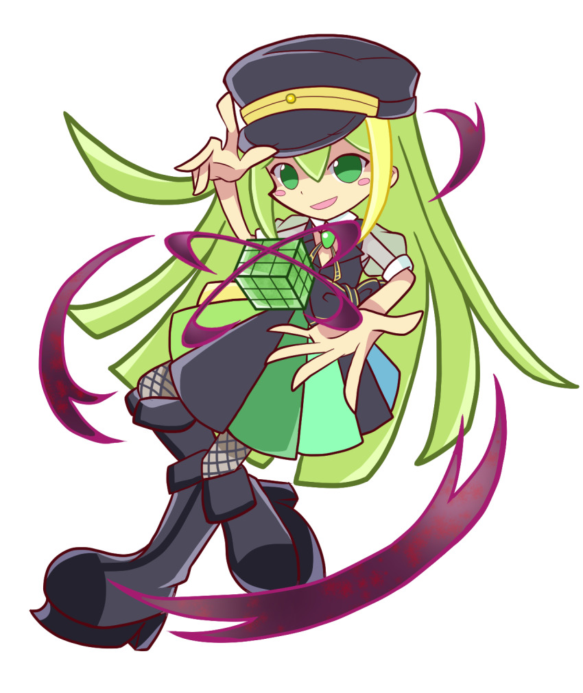 1girl :d alina_gray black_bow black_footwear black_hat black_vest blonde_hair bow chain cube fishnet_thighhighs fishnets fold-over_boots full_body fur-trimmed_thighhighs fur_trim green_eyes green_hair hat highres long_hair looking_at_viewer magia_record:_mahou_shoujo_madoka_magica_gaiden magical_girl mahou_shoujo_madoka_magica multicolored_skirt open_mouth parody peaked_cap pleated_skirt puffy_short_sleeves puffy_sleeves puyopuyo short_sleeves simple_background skirt smile solo striped_clothes striped_skirt style_parody thighhighs transparent_background v-neck vertical-striped_clothes vertical-striped_skirt very_long_hair vest waist_bow white_background yuunamida_uyu