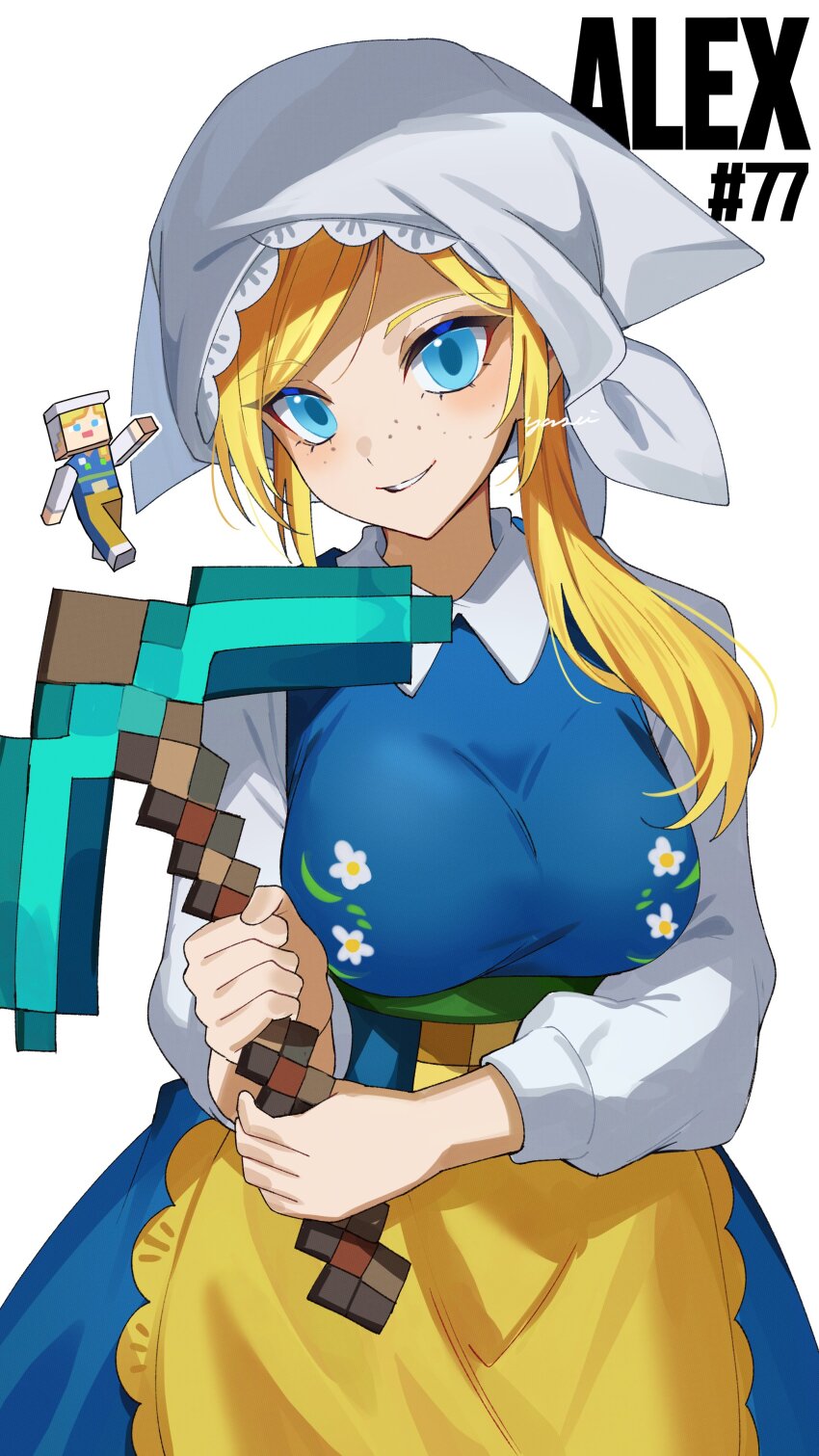 1girl absurdres alex_(minecraft) apron blonde_hair blue_dress blue_eyes character_name collared_shirt dress eyelashes freckles highres holding holding_pickaxe long_hair looking_at_viewer minecraft pickaxe shirt simple_background sleeveless sleeveless_dress solo waist_apron white_background white_headdress white_shirt yasaikakiage yellow_apron