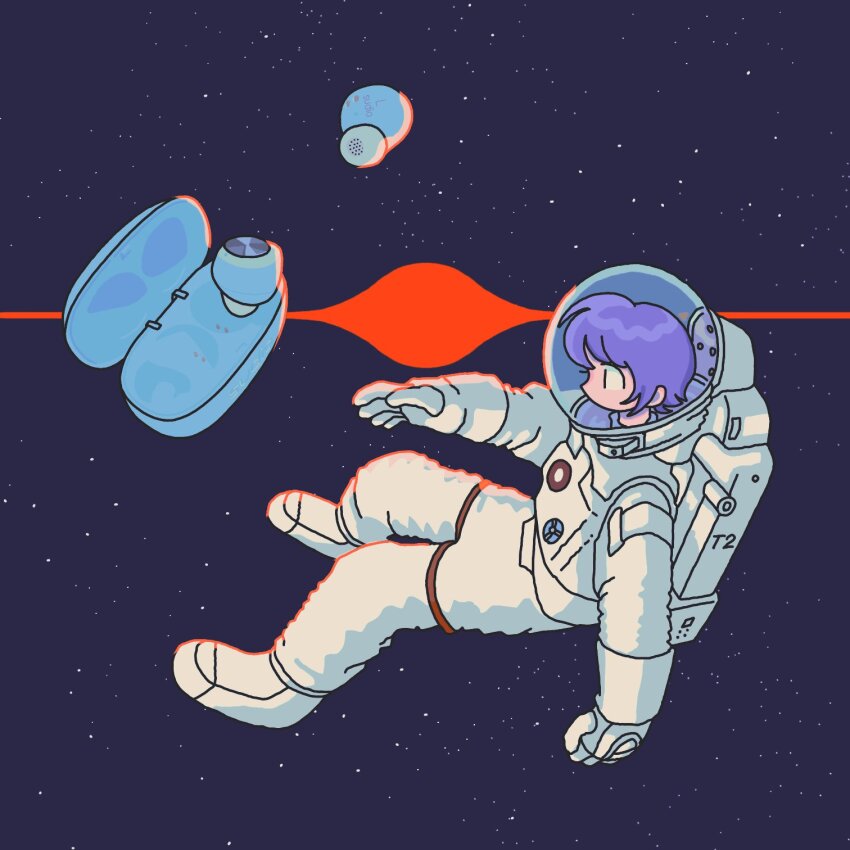 1other airpods androgynous astronaut floating gloves helmet highres levitation looking_at_object negative_space original profile purple_hair purple_sky short_hair shuujuu_misobata sky solo space space_helmet spacecraft star_(sky) starry_sky white_gloves wireless_earphones zero_gravity