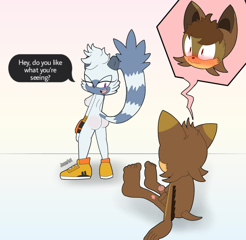 1boy ass ass_focus back bare_back blush breasts fur furry highres huge_ass idw_publishing legs lemur medium_breasts nipples penis sega sideboob smile sonic_(series) sonic_the_hedgehog_(idw) tail tangle_the_lemur tomboy uncensored white_fur white_hair