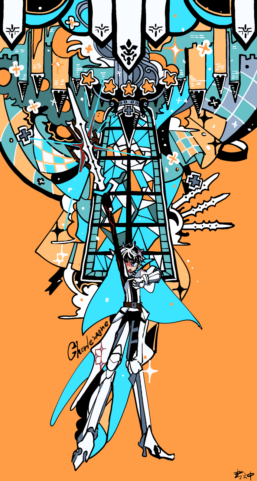 1boy :o arm_up armor armored_boots artist_name belt belt_buckle black_hair blue_cape blue_eyes boots brown_belt buckle cape castle character_name charlemagne_(fate) charlemagne_(first_ascension)_(fate) coat fate/extella fate/extella_link fate/extra fate_(series) full_body highres holding holding_sword holding_weapon ima_mo_nao_kangaechuu joyeuse_ordre_(fate) limited_palette male_focus multicolored_hair open_mouth orange_background short_hair signature simple_background solo sparkle stained_glass star_(symbol) sword two-tone_hair upside-down weapon white_coat white_hair