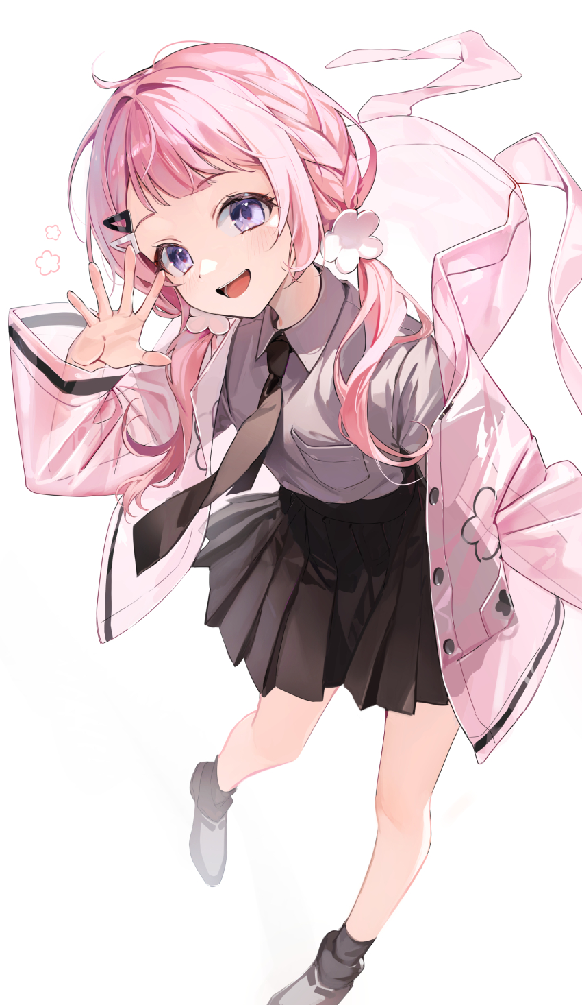 1girl absurdres animal_hood black_skirt black_socks breast_pocket collared_shirt ekina_(1217) grey_shirt hair_ornament hairclip hand_up highres hood hooded_jacket jacket long_hair long_sleeves looking_at_viewer low_twintails nijisanji open_clothes open_jacket open_mouth pink_hair pink_jacket pocket purple_eyes rabbit_hood shirt shirt_tucked_in shoes simple_background skirt smile socks solo suo_sango twintails virtual_youtuber white_background