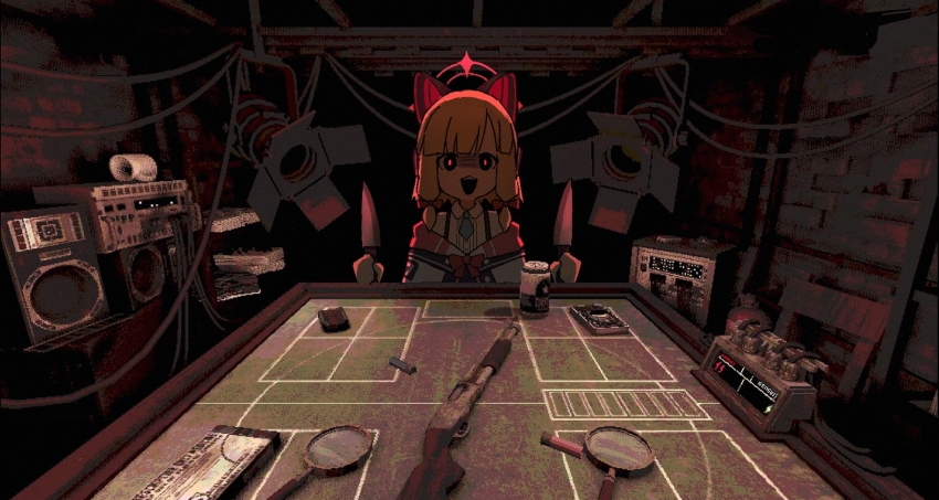 1girl animal_ear_headphones animal_ears blonde_hair blue_archive blue_necktie bow buckshot_roulette collared_shirt death_momoi_(meme) fake_animal_ears gun hair_bow halo headphones hei_mu_nan_tong highres holding holding_knife jacket knife meme momoi_(blue_archive) necktie open_mouth pink_halo red_bow shirt short_hair shotgun solo weapon white_jacket white_shirt