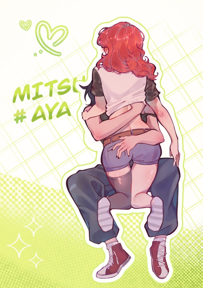 2girls belt black_nails blue_shorts brown_belt clothes_lift commentary couple english_commentary facing_away foreplay from_behind full_body grid_background hand_on_another&#039;s_ass hand_under_clothes hand_under_shirt heart hegaiii highres invisible_chair kininatteru_hito_ga_otoko_ja_nakatta koga_mitsuki lifting_another&#039;s_clothes long_hair median_furrow multiple_girls oosawa_aya pants red_hair ship_name shirt shirt_lift shoes short_shorts short_sleeves shorts single_thighhigh sitting sneakers sparkle t-shirt thighhighs wavy_hair yuri