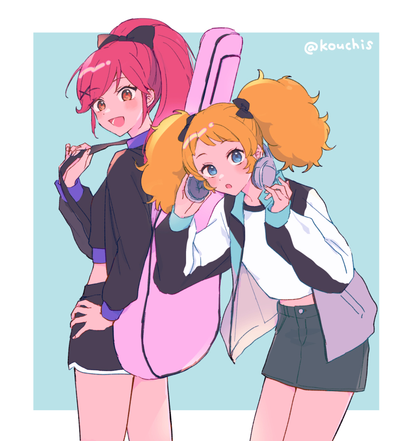 2girls :d :o aikatsu!_(series) black_bow black_jacket black_shirt black_shorts blonde_hair blue_background blue_eyes blue_skirt blush border bow cowboy_shot dot_nose from_side guitar_case hair_bow hair_ornament hand_on_own_hip hands_up headphones high_ponytail highres holding holding_headphones instrument_case jacket leaning_forward legs_together long_hair long_sleeves looking_at_viewer looking_to_the_side medium_hair midriff midriff_peek miniskirt multicolored_jacket multiple_girls mym open_clothes open_jacket open_mouth orange_eyes otoshiro_seira pink_hair ponytail saegusa_kii shirt short_bangs shorts sidelocks simple_background skirt smile standing twintails twitter_username two-tone_jacket white_border white_jacket white_shirt x_hair_ornament