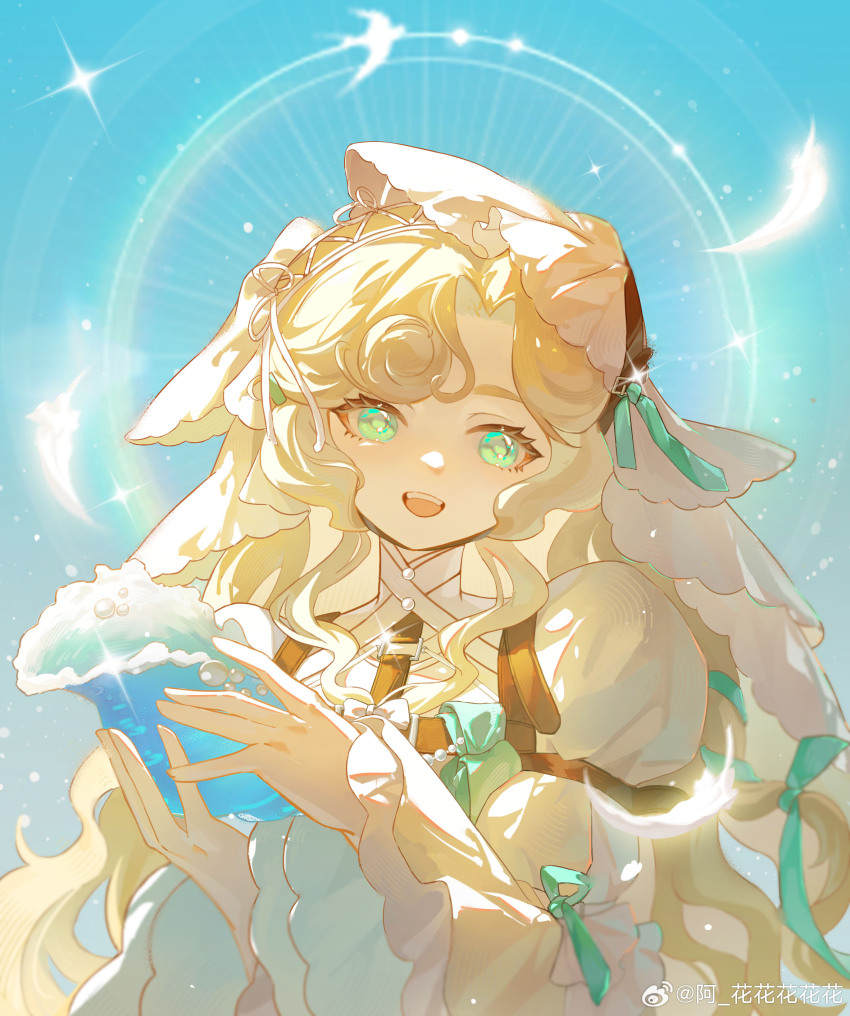 1girl :d a_huahuahuahuahua absurdres aqua_eyes blonde_hair blue_background conch dress falling_feathers feathers halo halo_behind_head hands_up highres holding holding_shell juliet_sleeves long_hair long_sleeves lorelei_(reverse:1999) open_mouth puffy_sleeves reverse:1999 shell smile solo sparkle teeth upper_body upper_teeth_only veil very_long_hair watermark wavy_hair weibo_watermark white_dress white_veil wide_sleeves