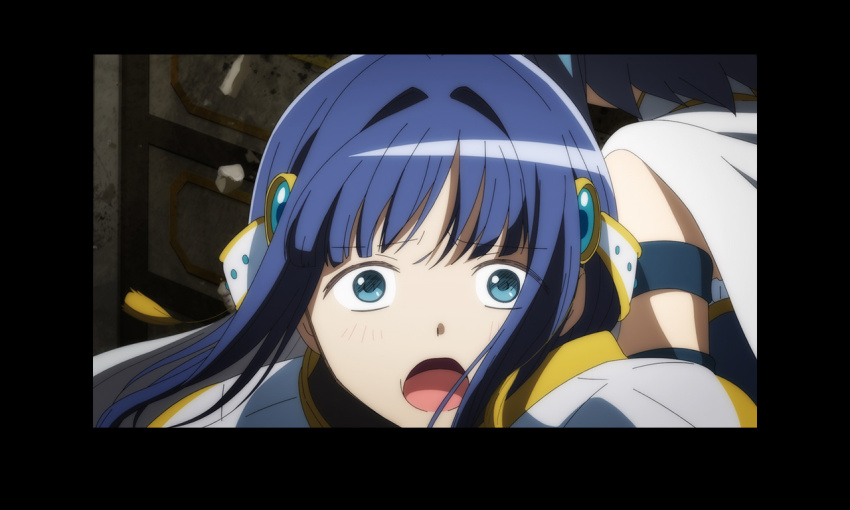 2girls anime_coloring armlet armor artist_request bare_shoulders black_border black_shirt blue_eyes blue_hair blue_shirt blue_sleeves blunt_bangs border cape collared_cape detached_sleeves floating_hair frilled_shirt frills from_behind furrowed_brow game_cg hair_intakes hair_ornament high_collar indoors jewelry long_hair magia_record:_mahou_shoujo_madoka_magica_gaiden magical_girl mahou_shoujo_madoka_magica miki_sayaka multiple_girls nanami_yachiyo official_art outstretched_arm pauldrons shards shirt short_hair shoulder_armor sidelocks solo_focus strapless strapless_shirt surprised turtleneck turtleneck_shirt upper_body veil white_cape white_veil wide-eyed