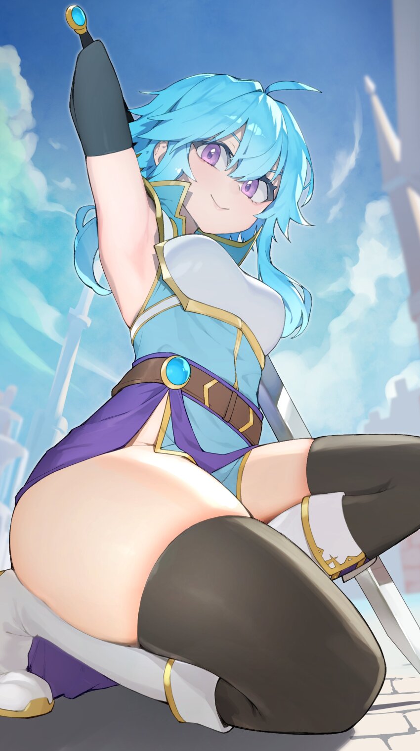 1girl absurdres ahoge armor armpits belt blue_hair blue_sky blue_tunic boots breastplate breasts cloud commission commissioner_upload day elbow_gloves fire_emblem fire_emblem:_genealogy_of_the_holy_war from_below gloves highres holding holding_sword holding_weapon if_they_mated looking_at_viewer looking_down medium_breasts nintendo no_panties on_one_knee original outdoors popped_collar purple_eyes rindoriko sash selia_(mrtalkingdino) short_hair shoulder_armor side_slit sidelocks skeb_commission skindentation sky sleeveless smile solo sword thick_thighs thighhighs thighs tomboy tunic weapon