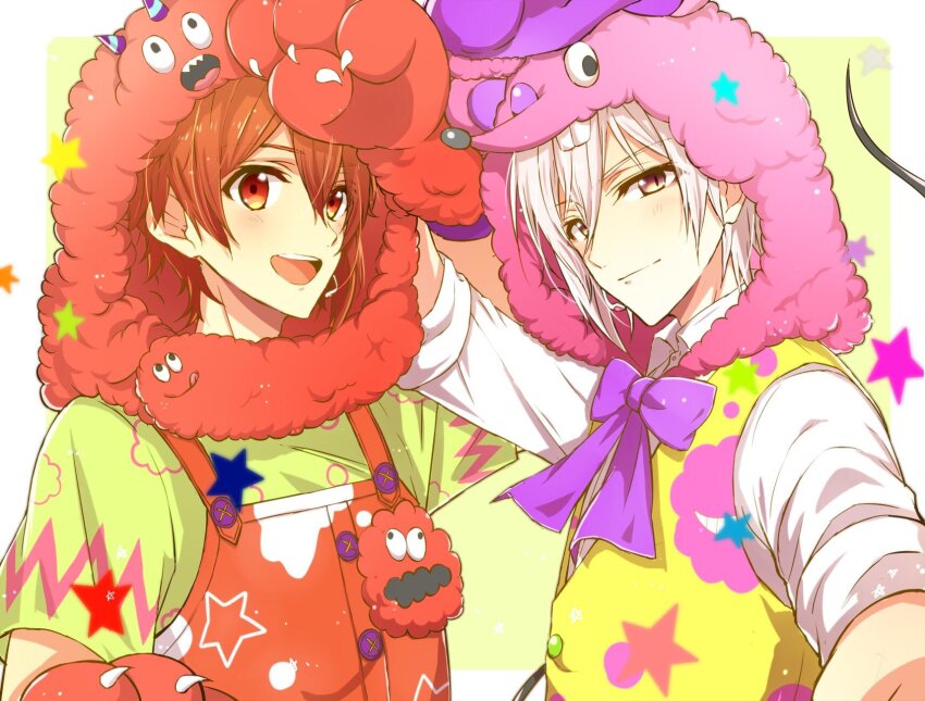 2boys animal_hands animal_hood asymmetrical_hair border bow bowtie brown_eyes closed_mouth cloud_print collared_shirt detached_hood fake_claws fake_tail fur-trimmed_gloves fur_hood fur_trim gloves green_background green_shirt hair_between_eyes hand_on_own_head happy highres hood hood_up idolish7 kujou_tenn light_blush light_particles locked_arms long_sleeves male_focus mouse_hood mouse_tail multiple_boys nanase_riku nau_(rg_sn79) open_mouth outside_border outstretched_arm overalls paw_gloves pink_hood pointy_nose purple_bow purple_bowtie purple_gloves red_eyes red_gloves red_hair red_hood red_overalls shirt short_hair sleeve_cuffs smile star_(symbol) star_print t-shirt tail teeth three-quarter_sleeves upper_body upper_teeth_only vest white_border white_hair white_shirt yellow_vest