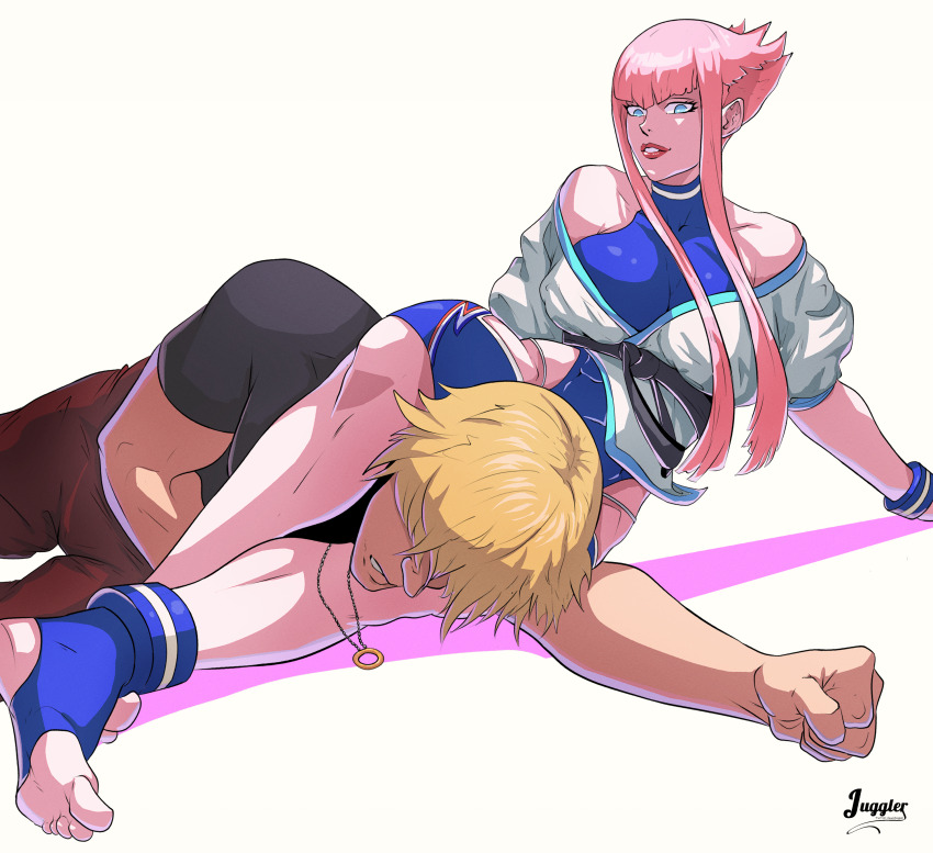1boy 1girl absurdres bare_shoulders blonde_hair blue_eyes dougi feet femdom fighting headlock highres hime_cut hip_vent juggler_(sun_juggler) ken_masters manon_legrand martial_arts_belt pink_hair scissorhold short_hair stirrup_footwear stirrup_legwear street_fighter street_fighter_6 toeless_legwear white_background wrestling