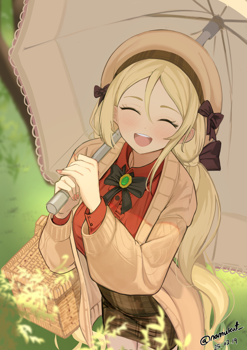 1girl absurdres blonde_hair brooch closed_eyes commission dress_shirt ellie_quickhand grass hair_ribbon hat high-waist_skirt highres holding holding_umbrella jewelry last_origin long_hair long_sleeves looking_at_viewer low_twintails nail_polish namukot picnic_basket pixiv_commission ribbon shirt skirt smile solo_focus twintails umbrella very_long_hair