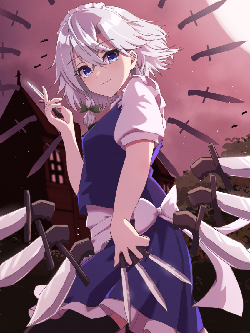 1girl apron between_fingers black_thighhighs blue_dress blue_eyes bow braid breasts closed_mouth cowboy_shot dress full_moon green_bow grey_hair hair_between_eyes hair_bow highres holding holding_knife izayoi_sakuya knife knives_between_fingers looking_at_viewer maid_apron maid_headdress mansion medium_breasts medium_hair moon puffy_short_sleeves puffy_sleeves red_sky remiria100 short_sleeves sky smile solo thighhighs touhou waist_apron waist_bow white_apron white_bow