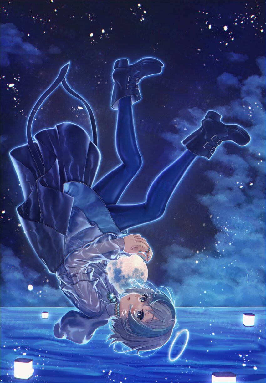 1girl :o absurdres ankle_boots anonemuna black_shoes blue_eyes blue_hair blue_pantyhose blue_shoes blue_theme blush boots brooch cloud cloudy_sky drenched_shizuku-san dress floating from_side full_body full_moon glowing grey_hair hair_between_eyes halo highres holding hood hood_down hooded_jacket hoodie horizon jacket jewelry lantern layered_sleeves light_particles long_sleeves looking_at_viewer moon multicolored_hair night night_sky ocean open_mouth orb outdoors own_hands_together pantyhose paper_lantern parted_lips planet puffy_long_sleeves puffy_sleeves see-through_clothes see-through_sleeves shirt shoes short_hair short_over_long_sleeves short_sleeves skirt sky sky_lantern solo star_(sky) starry_sky upside-down vrchat water watermark