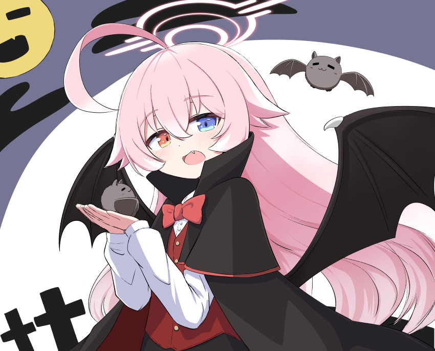 1girl absurdres ahoge bat_(animal) black_cape blue_archive blue_eyes blush bow bowtie buttons cape cloud collared_cape commentary_request crossed_bangs fang floating_hair full_moon grey_background hair_between_eyes halloween halloween_costume halo hands_up heterochromia highres hoshino_(blue_archive) long_hair long_sleeves looking_at_viewer master_m_489 moon open_mouth pink_hair popped_collar red_bow red_bowtie red_vest shirt sidelocks simple_background smile solo tombstone two-tone_background upper_body vampire_costume very_long_hair vest white_background white_shirt yellow_eyes