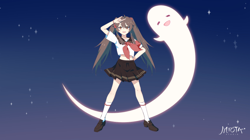 1girl :d absurdres ahoge arm_up artist_logo bead_bracelet beads bishoujo_senshi_sailor_moon black_footwear black_sailor_collar black_skirt blush boo_tao_(genshin_impact) bracelet brown_eyes brown_hair chinese_commentary commentary_request darkcatowo flower-shaped_pupils full_body genshin_impact hair_between_eyes hand_on_own_face hand_on_own_hip highres hu_tao_(genshin_impact) jewelry logo long_hair looking_at_viewer m/ midriff navel neckerchief open_mouth pleated_skirt red_neckerchief sailor_collar school_uniform shirt short_sleeves skirt smile socks solo symbol-shaped_pupils twintails white_shirt