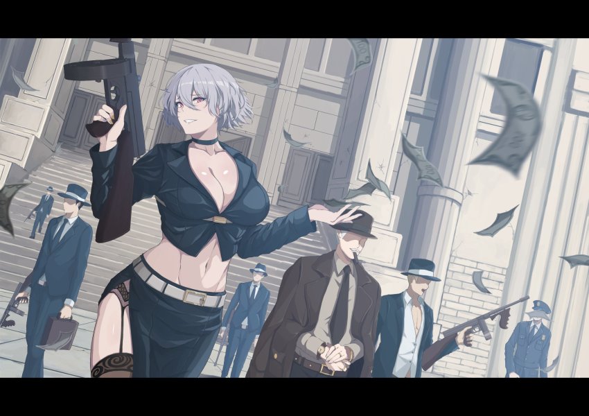 1930s_(style) 1girl 6+boys abs bank breasts building cleavage fedora formal_clothes gangster girls&#039;_frontline gun hat highres hirumadou large_breasts letterboxed money multiple_boys navel necktie police police_uniform policeman purple_hair robbery skirt submachine_gun suit thighhighs thompson_(girls&#039;_frontline) thompson_submachine_gun watch weapon wristwatch