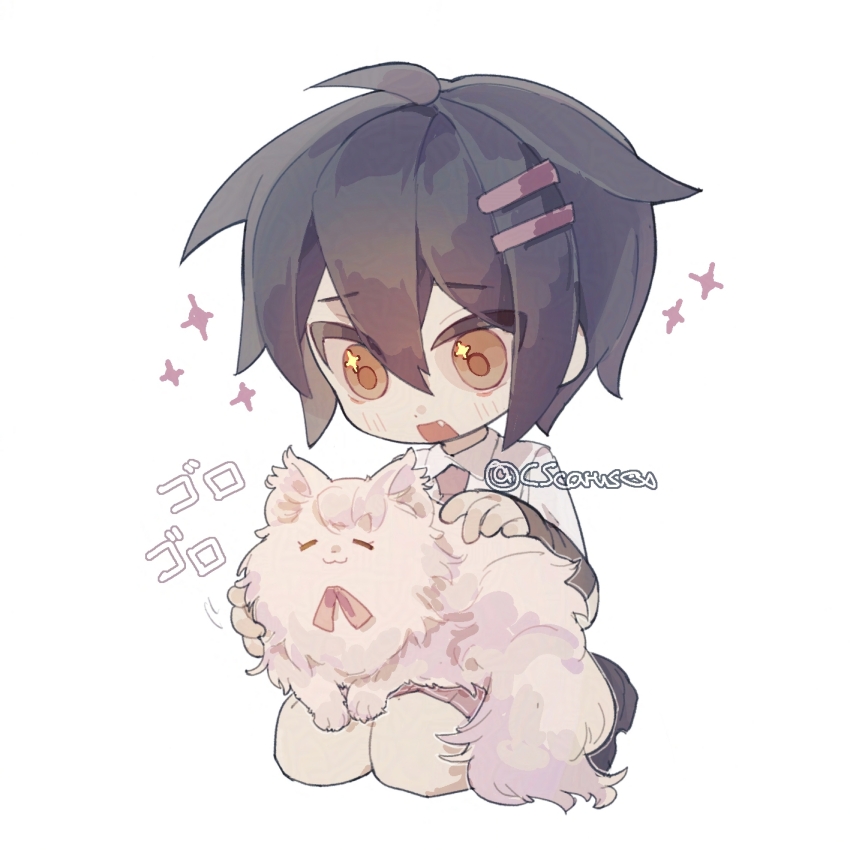 1girl black_hair cat cat_day chibi cscarus highres kneeling kure_kirika looking_at_animal looking_down mahou_shoujo_madoka_magica mahou_shoujo_oriko_magica medium_hair necktie orange_hair petting solo twitter_username