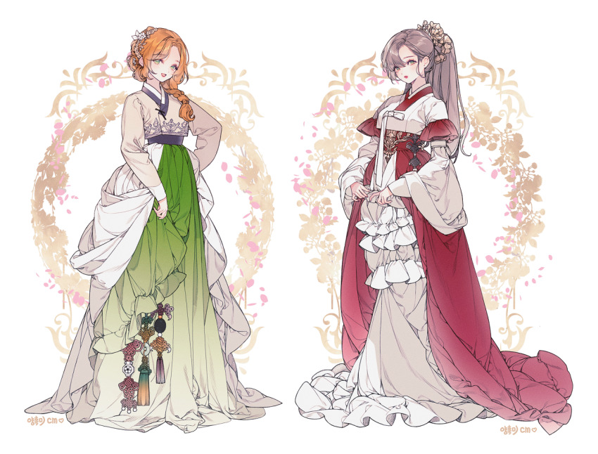 braid brown_hair chinese_knot fold-over_collar full_body green_eyes green_skirt hanbok jade_(gemstone) korean_clothes lemon89h long_hair long_skirt long_sleeves looking_at_viewer orange_hair original panchang_knot red_lips single_braid skirt wide_sleeves yaopei