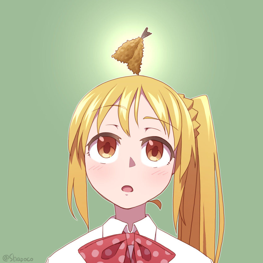 blonde_hair bocchi_the_rock! bow bowtie collared_shirt fish_(food) food food_on_head fried_fish fried_horse_mackerel green_background highres ijichi_nijika long_hair looking_up object_on_head open_mouth orange_eyes polka_dot_bowtie portrait red_bow red_bowtie shapoco shirt side_ponytail straight-on white_shirt