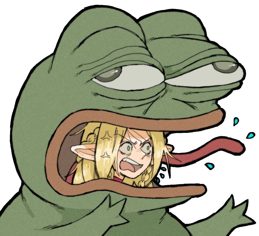 1girl anger_vein blonde_hair blush boy&#039;s_club braid cosplay costume dungeon_meshi elf flying_sweatdrops green_eyes highres kigurumi looking_ahead marcille_donato meme nose_blush open_mouth pantsu-ripper pepe_the_frog pointy_ears screaming simple_background solo teeth upper_teeth_only v-shaped_eyebrows white_background