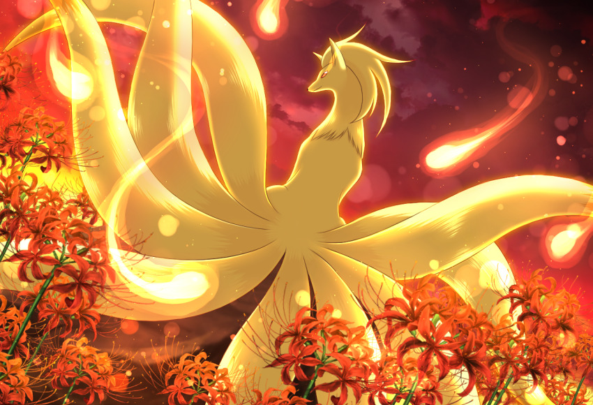 commentary_request fire fireball flower gen_1_pokemon maiko_(mimi) multiple_tails ninetales nintendo no_humans pokemon pokemon_(creature) pokemon_move red_eyes sitting smile tail will-o-wisp_(pokemon)