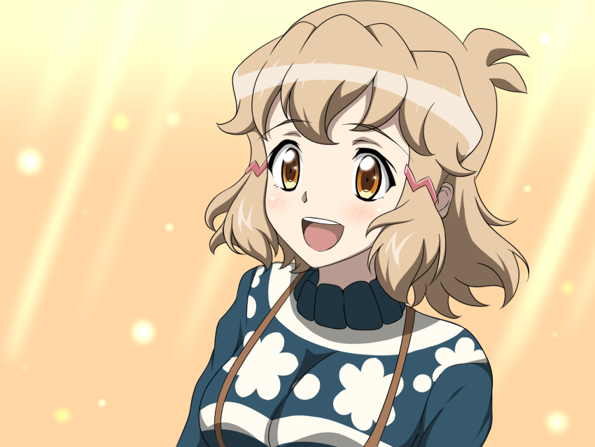1girl :d a_k_g_e_0325 blush brown_hair hair_ornament hairclip highres looking_at_viewer open_mouth orange_eyes senki_zesshou_symphogear short_hair simple_background smile solo sweater tachibana_hibiki_(symphogear)