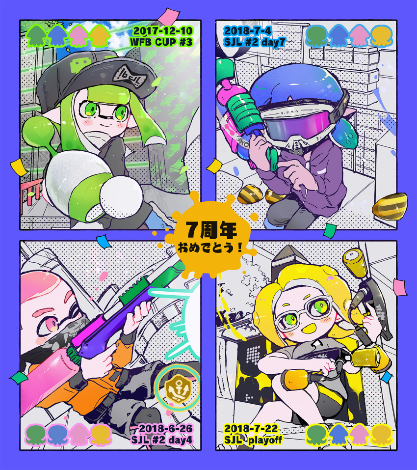 1boy 2017 2018 3girls bandana bandana_over_mouth baseball_cap bike_shorts black_bandana black_hat black_pants black_shirt blonde_hair blush clam_shell closed_mouth colored_tongue commentary_request confetti dual_wielding glasses goggles gradient_hair green_eyes green_hair grey_leggings grey_shorts halftone hat highres holding holding_weapon hood hood_down hooded_jacket inkling inkling_boy inkling_girl inkling_player_character jacket leggings leggings_under_shorts long_hair luna_blaster_(splatoon) medium_hair multicolored_hair multiple_girls nintendo octoling octoling_girl octoling_player_character ogi_no_hi one_eye_closed open_mouth orange_jacket pale_skin pants parted_bangs pink_eyes pink_hair pointy_ears print_bandana purple_hair purple_jacket shirt short_hair shorts ski_goggles skull_print smile splat_charger_(splatoon) splat_dualies_(splatoon) splatoon_(series) splattershot_(splatoon) tentacle_hair two-tone_hair weapon white-framed_eyewear yellow_tongue zipper_pull_tab