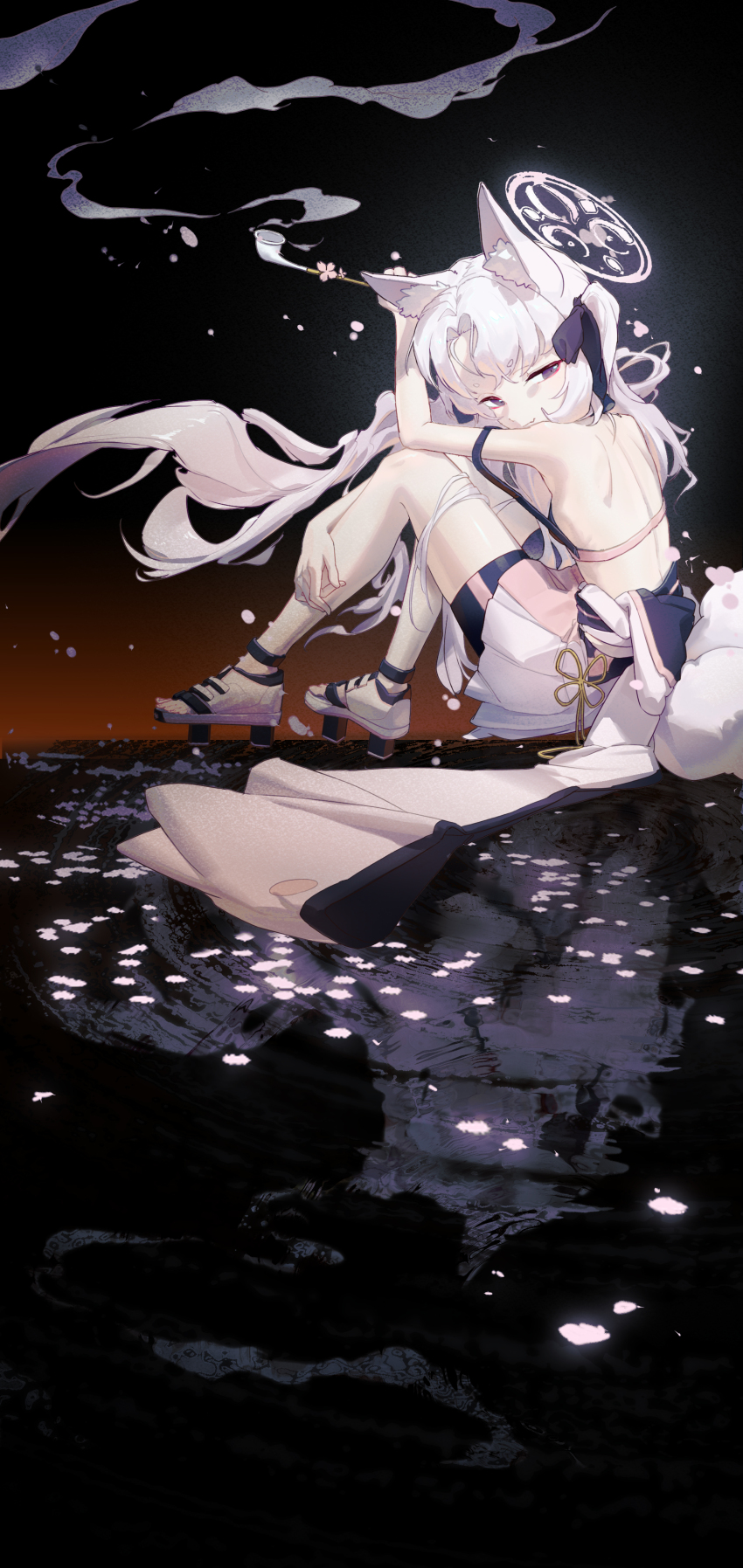 1girl absurdres animal_ears back bare_shoulders bike_shorts blue_archive cherry_blossoms dark_background fox_ears fox_girl fox_tail from_side geta grey_eyes halo highres holding holding_smoking_pipe hugging_own_legs japanese_clothes jimizuai- kimono kiseru kuzunoha_(blue_archive) looking_back multiple_tails on_floor pink_kimono sitting smoking_pipe tail two_tails
