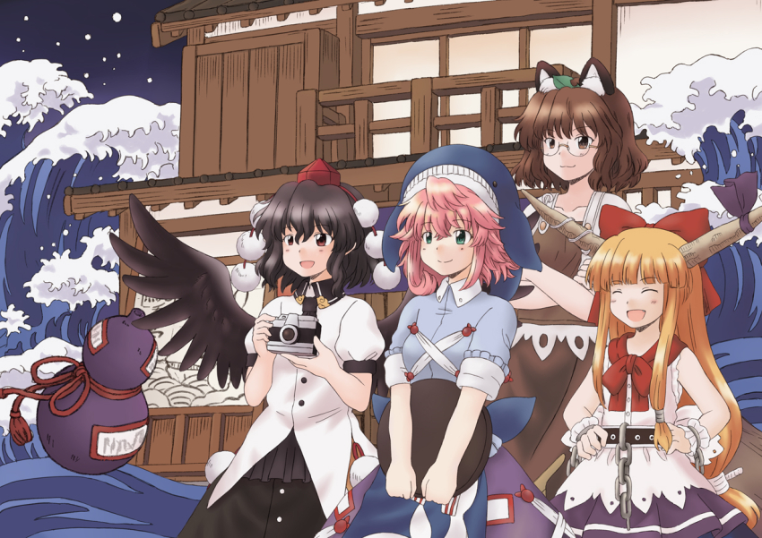 :3 :d animal_ears apron belt bird_wings black_belt black_hair black_skirt black_wings blue_apron blue_hat blue_shirt bow bowtie breasts brown_eyes brown_hair brown_horns brown_shirt brown_skirt buttons chain closed_mouth collared_shirt cross-laced_clothes feathered_wings fine_art_parody flat_chest futatsuiwa_mamizou gourd green_eyes hair_bow hair_ornament hand_on_own_hip happy hat holding holding_tray horns ibuki_suika kanagawa_okinami_ura leaf leaf_hair_ornament leaf_on_head long_hair long_sleeves medium_hair ofuda ofuda_on_clothes okunoda_miyoi open_mouth orange_hair parody pink_hair pom_pom_(clothes) puffy_short_sleeves puffy_sleeves purple_skirt raccoon_ears raccoon_girl raccoon_tail red_bow red_bowtie red_hat renzaoshen round_eyewear shameimaru_aya shirt short_hair short_sleeves sidelocks skirt sleeveless sleeveless_shirt sleeves_rolled_up small_breasts smile tail tokin_hat touhou tray untucked_shirt very_long_hair whale_hat white_shirt white_wrist_cuffs wings wrist_cuffs