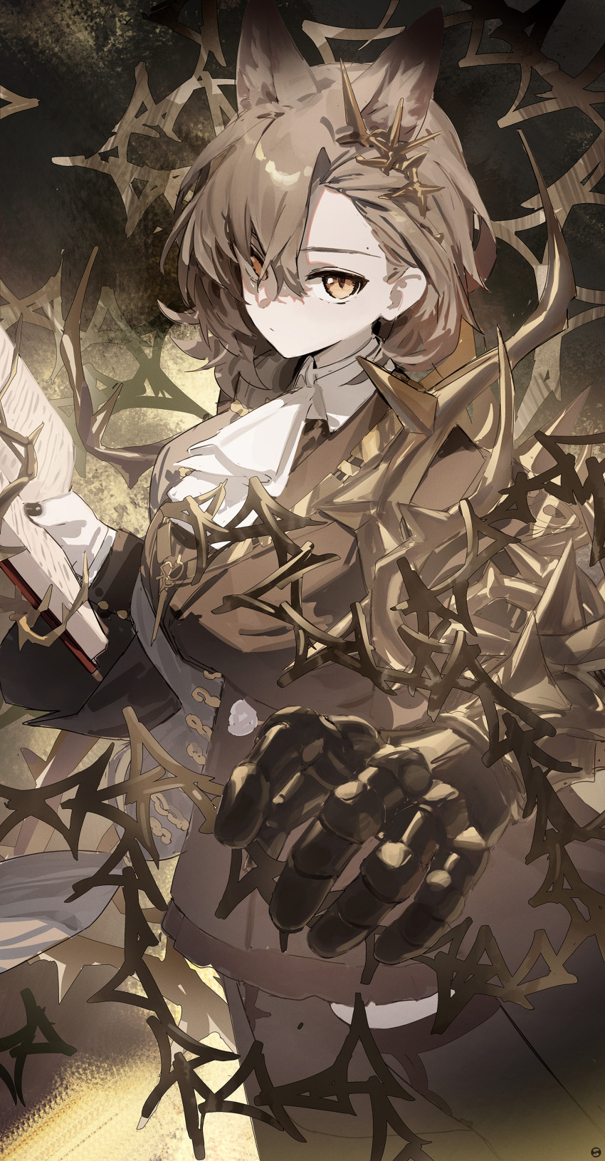 1girl absurdres animal_ear_fluff animal_ears arknights ascot black_coat book brown_hair closed_mouth coat commentary_request expressionless extra_ears gauntlets hair_between_eyes highres holding holding_book long_sleeves looking_at_viewer mole mole_above_eye open_book penance_(arknights) single_gauntlet slit_pupils solo songchuan_li standing thorns white_ascot wolf_ears wolf_girl yellow_eyes
