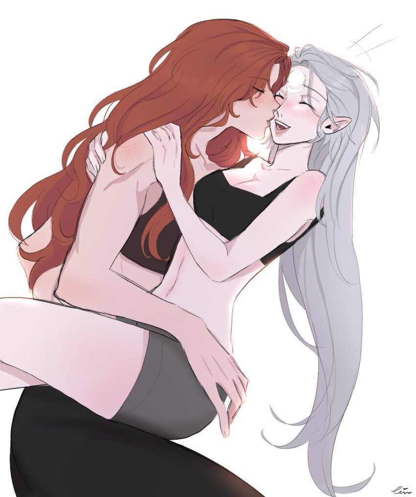 2girls black_bra black_pants blush bra closed_eyes commentary diana_(league_of_legends) english_commentary freckles grey_hair grey_shorts hand_on_another&#039;s_shoulder hand_on_another&#039;s_waist highres laughing league_of_legends leona_(league_of_legends) long_hair multiple_girls open_mouth orange_hair pants piuuu_(piuulol) pointy_ears puckered_lips shorts simple_background sitting sitting_on_lap sitting_on_person smile underwear white_background yuri