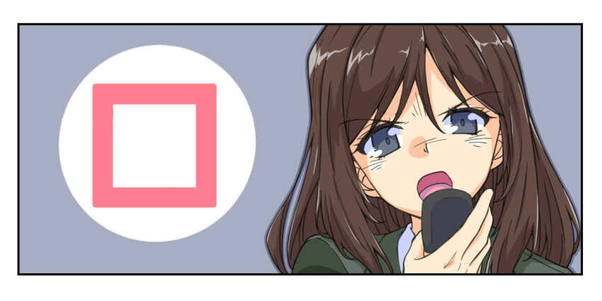 1girl black_eyes brown_hair collared_shirt commentary_request frown girls_und_panzer green_jacket holding_radio jacket long_hair megumi_(girls_und_panzer) renshiu selection_university_military_uniform shirt square white_shirt