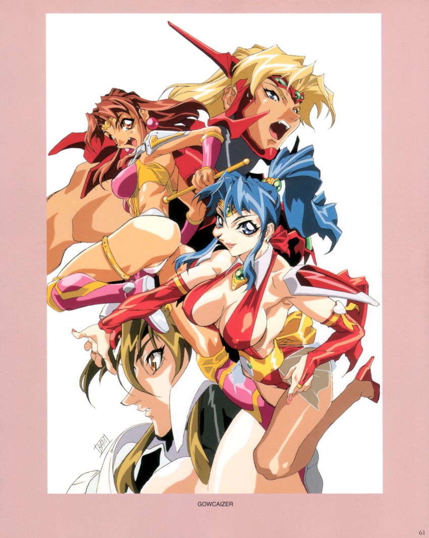 1990s_(style) 1boy 3girls armor armpits artbook asahina_suzu ass back bent_over blonde_hair blue_eyes blue_hair boots border bow breasts breasts_apart bridal_gauntlets brown_eyes brown_hair brown_legwear cameltoe choker choujin_gakuen_gowcaizer circlet cleavage copyright_name covered_erect_nipples curvy earrings fang fingernails gem gloves green_hair hair_ornament high_heels high_ponytail highres hishizaki_shaia_(gowcaizer) holding jewelry jumping kaiza_isato large_breasts leg_lift leotard lips lipstick long_fingernails long_hair looking_at_viewer looking_away magical_girl makeup medium_breasts multiple_girls nail_polish official_art oobari_masami open_mouth outstretched_hand panties pantyhose partially_visible_vulva pauldrons pink_boots pink_legwear platonic_slave ponytail retro_artstyle revealing_clothes sash scan see-through_clothes shoes short_hair shoulder_armor sideboob sidelocks signature simple_background skirt smile son_karin staff technos thigh_boots thighhighs thighlet thong tiara underwear weapon white_background
