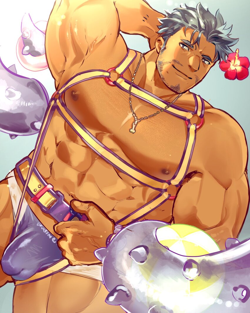 1boy abs bara bare_pectorals beard beard_stubble bulge covered_penis dagon_(housamo) dark-skinned_male dark_skin dutch_angle facial_hair fins fish_boy framed_crotch framed_pectorals highres large_pectorals long_sideburns looking_at_viewer male_focus male_swimwear mature_male muscular muscular_male mustache_stubble nanaisan_(713) navel official_alternate_costume pectorals purple_male_swimwear sanpaku seductive_smile short_hair sideburns smile solo stomach strongman_waist stubble swim_briefs tentacles thick_eyebrows thick_thighs thighs tokyo_houkago_summoners