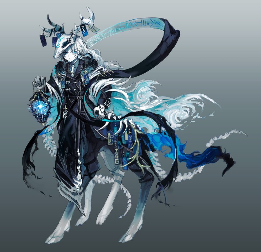1girl absurdres animal_skull blue_eyes closed_mouth collared_shirt colored_skin commentary_request deer_skull full_body highres holding long_hair looking_at_viewer necktie original page_nak1 shirt solo taur white_hair white_necktie white_skin