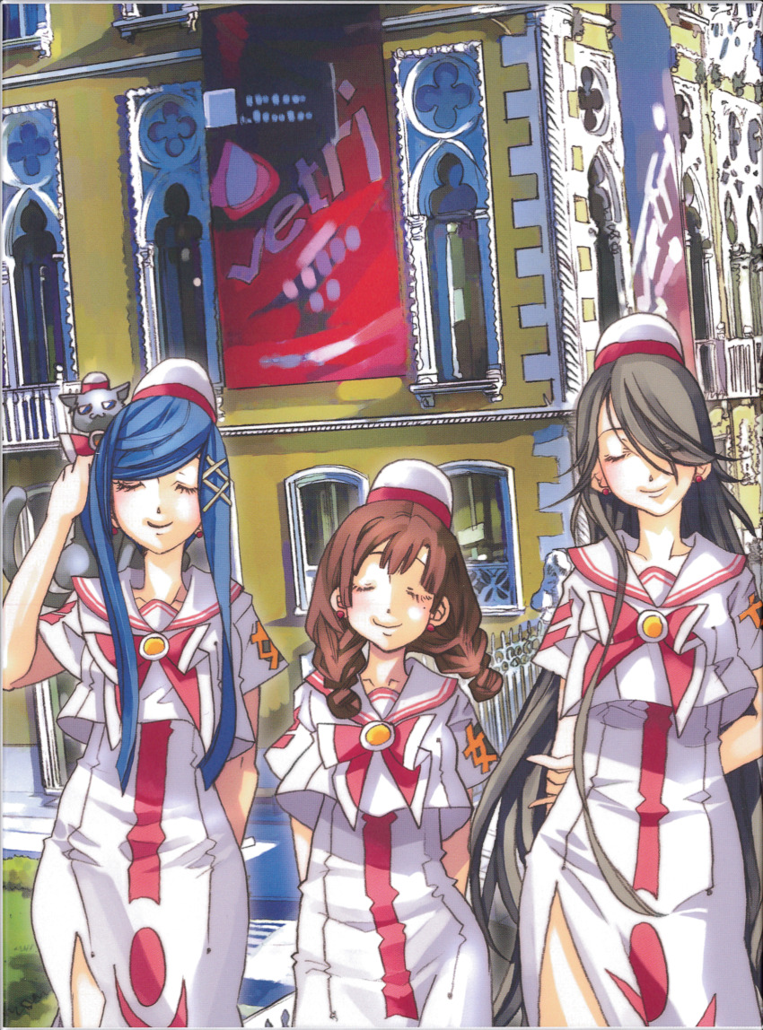 3girls aika_granzchesta akira_ferrari amano_kozue aria_(manga) arm_behind_back arms_behind_back azusa_mclaren black_cat black_hair blue_hair blush bow bowtie braid brown_hair building cat closed_eyes closed_mouth cowboy_shot dress earrings eyelashes hair_ornament hand_up highres hime_granzchesta himeya_company_uniform jewelry long_hair mole mole_under_eye multiple_girls non-web_source official_art outdoors parted_bangs print_dress red_bow red_bowtie red_headwear sailor_collar scan scan_artifacts short_hair_with_long_locks short_sleeves side_slit sidelocks standing swept_bangs twin_braids two-tone_headwear very_long_hair white_dress white_headwear x_hair_ornament