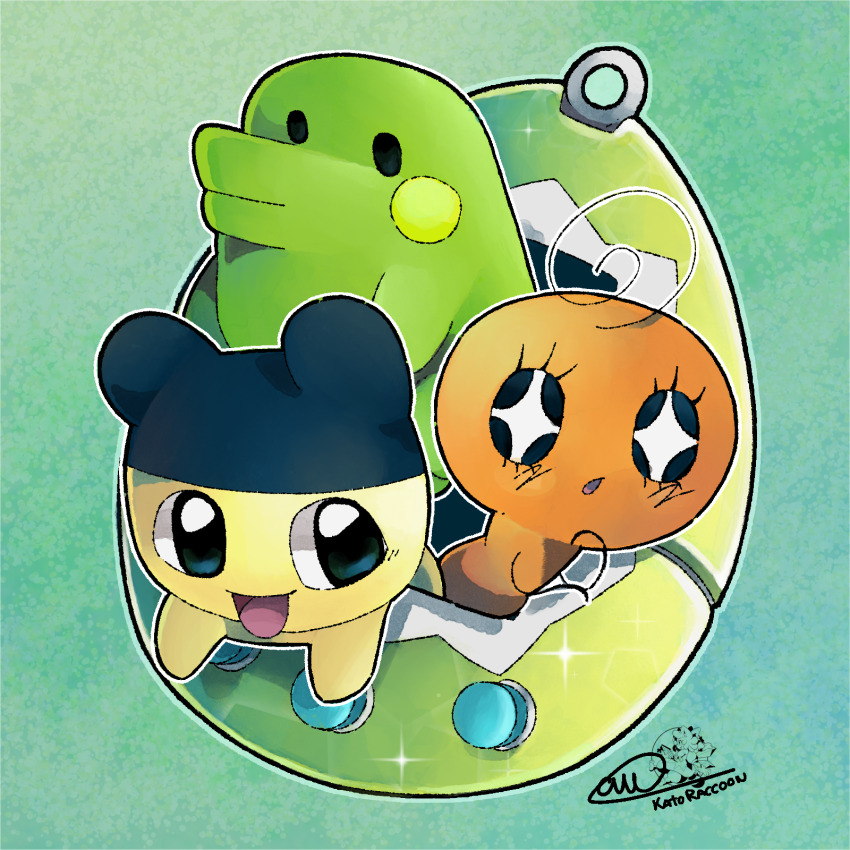 1girl 2boys clip_studio_paint_(medium) commentary creature creature_focus english_commentary happy highres kato_raccoon kuchipatchi mametchi memetchi multiple_boys open_mouth outline signature smile sparkle sparkling_eyes tamagotchi tamagotchi_(classic) tamagotchi_(creature) tamagotchi_(virtual_pet) through_medium through_screen toy virtual_pet_(toy) white_outline