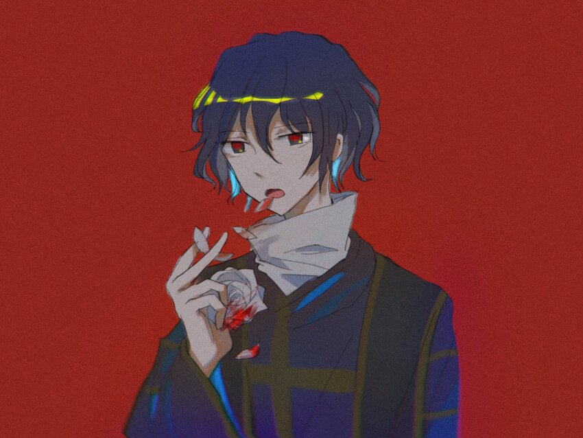 1boy 21scorpii black_hair black_robe black_sleeves blood_on_flower colored_inner_hair coughing_flowers flower glowing glowing_eyes grey_eyes hair_between_eyes highres holding holding_flower long_sleeves looking_at_viewer male_focus multicolored_hair open_mouth petals plaid_clothes red_background red_pupils robe rose rose_petals saibou_shinkyoku shirt short_hair simple_background solo turtleneck turtleneck_shirt upper_body utsugi_noriyuki white_flower white_rose white_shirt wide_sleeves