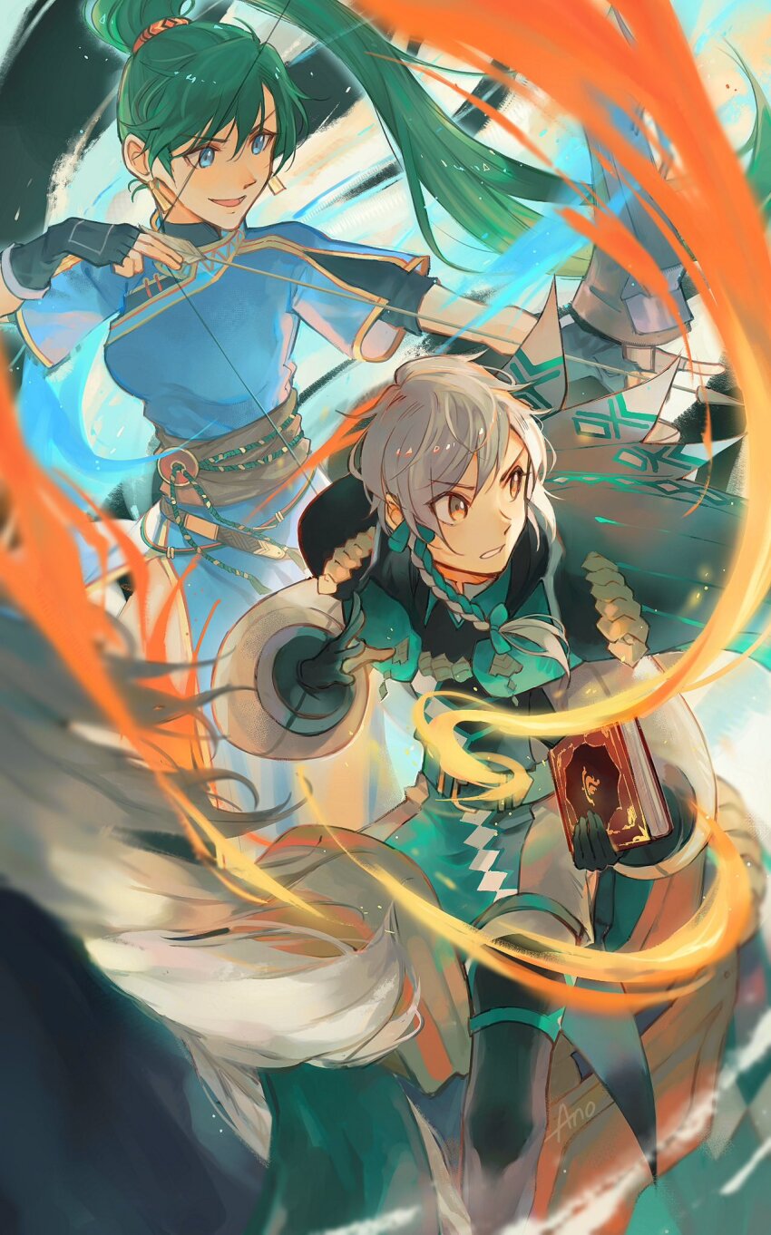 1boy 1girl anocurry blue_eyes book bow_(weapon) clanne_(fire_emblem) earrings fingerless_gloves fire_emblem fire_emblem_engage gloves green_hair grey_hair highres holding holding_book holding_bow_(weapon) holding_weapon jewelry long_hair long_sleeves looking_to_the_side lyn_(emblem)_(fire_emblem) lyn_(fire_emblem) nintendo ponytail short_hair weapon yellow_eyes