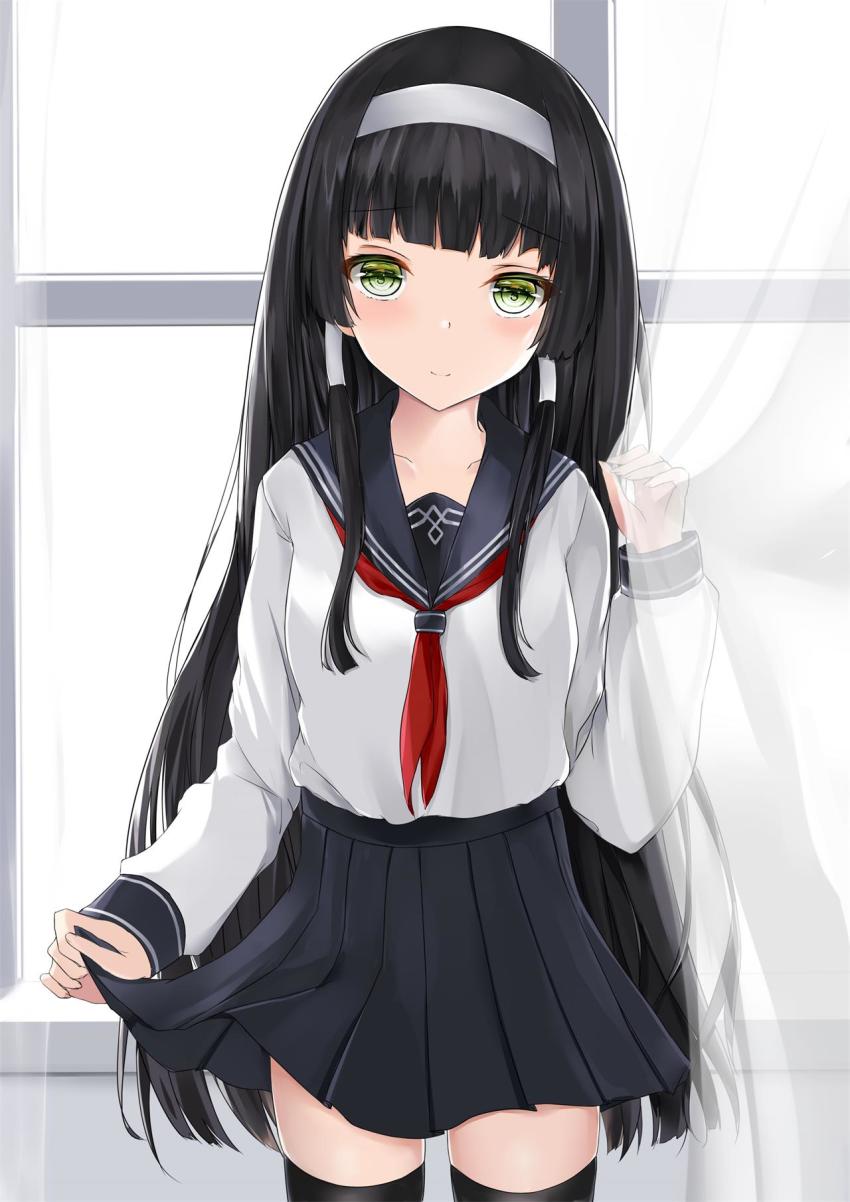 1girl bishoujo_mangekyou bishoujo_mangekyou:_kotowari_to_meikyuu_no_shoujo bishoujo_mangekyou_(series) black_hair black_sailor_collar black_skirt black_thighhighs blunt_bangs blush closed_mouth collarbone cowboy_shot curtains ghostfin green_eyes hair_tubes hairband highres long_hair long_sleeves looking_at_viewer miniskirt neckerchief pleated_skirt red_neckerchief renge_(bishoujo_mangekyou) sailor_collar sailor_shirt school_uniform serafuku shirt skirt skirt_hold solo standing straight_hair thighhighs very_long_hair white_hairband white_shirt zettai_ryouiki