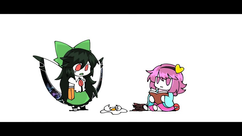 2girls :| arm_cannon arms_at_sides black_hair blue_shirt blush_stickers book bow cape cat closed_mouth cracked_egg dropped_food egg_(food) egg_yolk expressionless food frown green_bow green_skirt hair_bow hair_ornament hairband heart heart_hair_ornament highres holding holding_book jitome kaenbyou_rin kaenbyou_rin_(cat) komeiji_satori letterboxed long_hair looking_at_another looking_at_food looking_down multiple_girls open_book open_mouth parody pink_skirt print_cape priswocaer purple_eyes purple_hair red_eyes reiuji_utsuho shirt short_sleeves simple_background sitting skirt space_print standing starry_sky_print tearing_up third_eye third_eye_on_chest touhou weapon white_background white_cape wide_sleeves wings yudetamago_yudemasu!!!!_(utau)