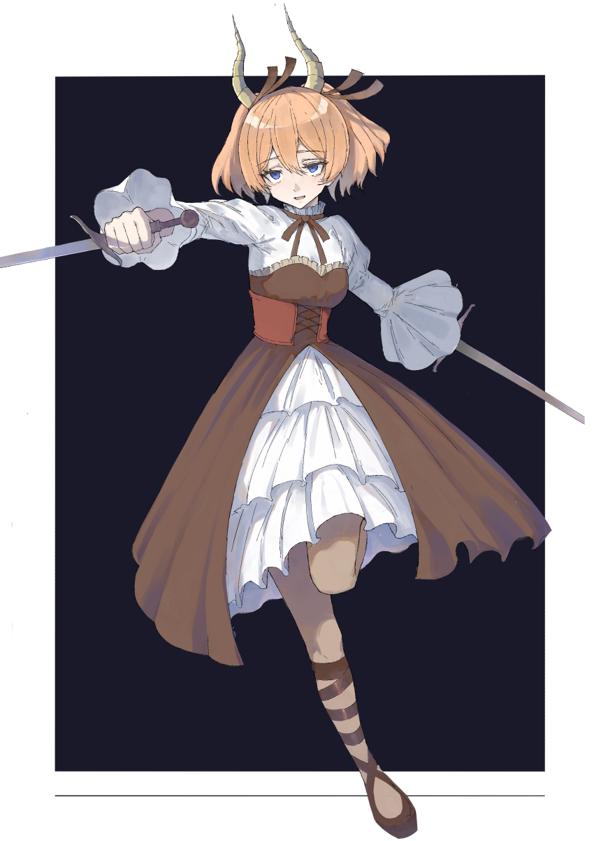 absurdres blue_eyes brown_footwear brown_ribbon brown_skirt demon_girl demon_horns djan dress hair_between_eyes highres holding holding_sword holding_weapon horns linie_(sousou_no_frieren) orange_corset orange_hair petticoat ribbon sidelocks skirt sousou_no_frieren sword twitter_username weapon white_dress wide_sleeves