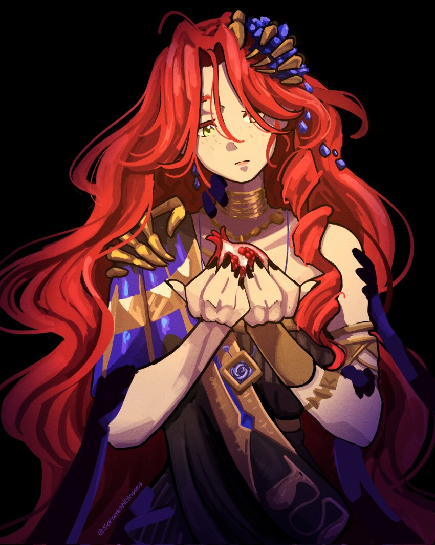 1girl armlet black_background black_dress black_sash blue_gemstone closed_mouth dress food freckles fruit gem gold_choker green_eyes hair_ornament hair_over_one_eye hands_up highres holding holding_food jewelry long_hair looking_at_viewer pomegranate red_hair reverse:1999 saramin sash single_bare_shoulder sleeveless sleeveless_dress solo sophia_(manus_vindictae)_(reverse:1999) sophia_(reverse:1999) upper_body very_long_hair