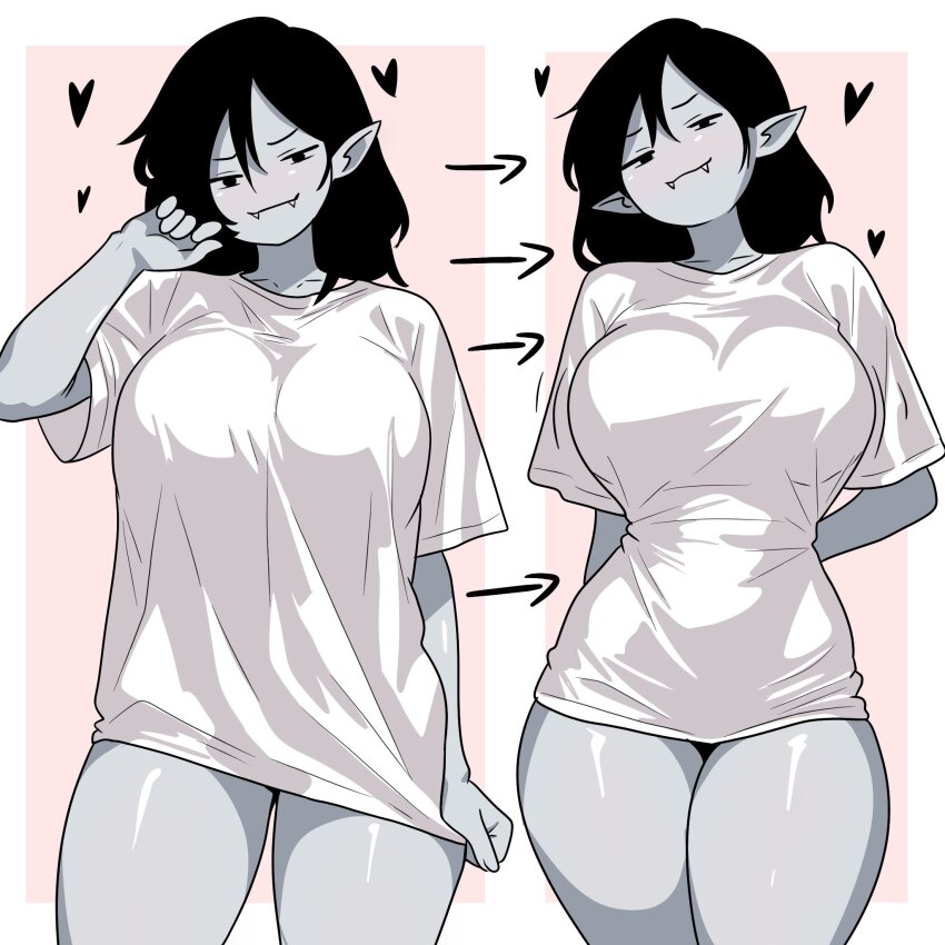 1girl adventure_time bighugelarge bite_mark black_hair breasts colored_skin dual_persona fangs grey_skin heart highres large_breasts marceline_abadeer medium_hair pink_skin tagme tight_clothes vampire