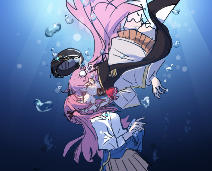 2girls aikawa_megumi clothes_around_waist double_bun hair_bun hat heaven_burns_red highres jacket kiss kunimi_tama long_hair long_sleeves military_hat multiple_girls pink_hair rantan_0925 shirt skirt two_side_up underwater white_shirt yuri